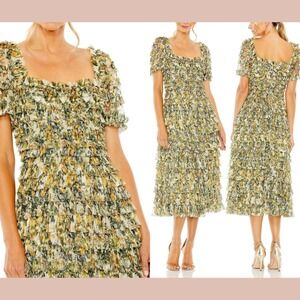 NWT Mac Duggal [ 18 ] 8232‎ Floral Square Neckline Ruffle Midi Dress Gold #S1997